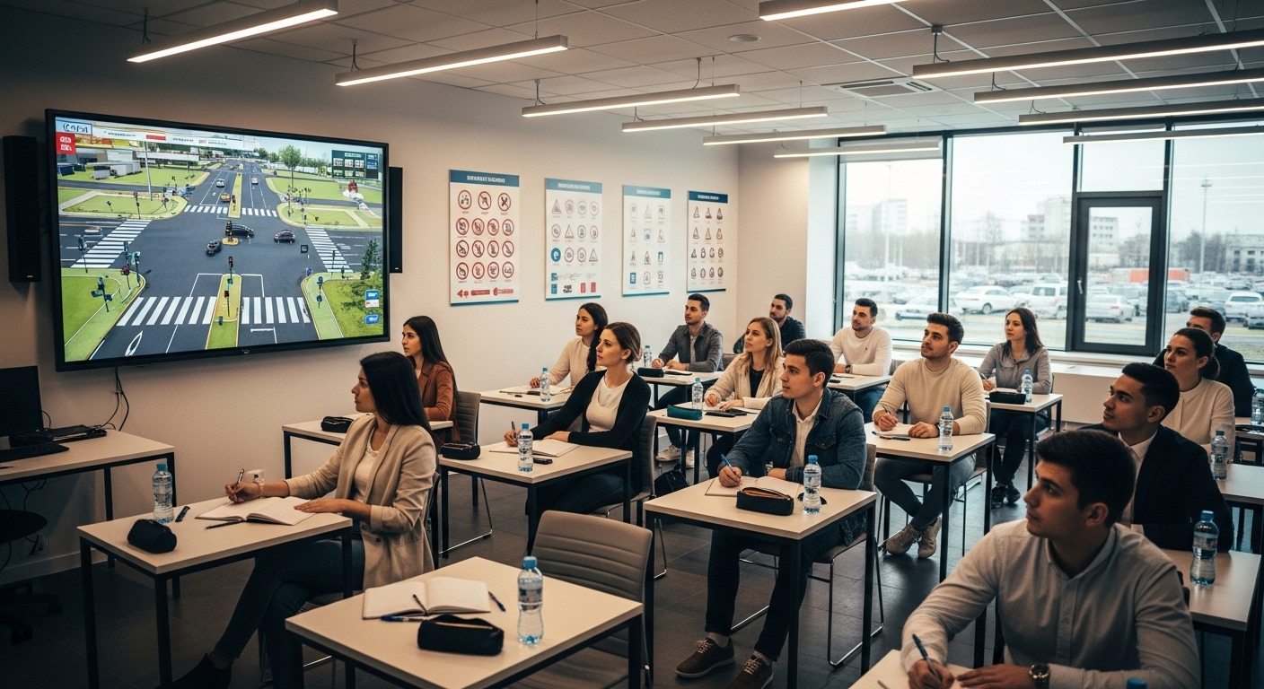 Phòng học lý thuyết lái xe hiện đại với học viên đa dạng đang chăm chú tìm hiểu luật giao thông trên màn hình lớn, bối cảnh quen thuộc cho những ai đang tìm kiếm thông tin về học bằng lái xe B2 bao nhiêu tiền.