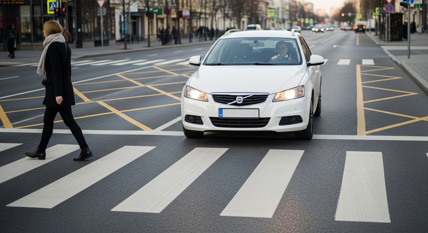 Xe ô tô dừng kiên nhẫn tại vạch sang đường cho người đi bộ ở đô thị sầm uất. Hành vi tuân thủ luật này là chìa khóa để vượt qua 60 câu hỏi điểm liệt lái xe ô tô và lái xe an toàn. Xe ô tô dừng kiên nhẫn tại vạch sang đường cho người đi bộ ở đô thị sầm uất. Hành vi tuân thủ luật này là chìa khóa để vượt qua 60 câu hỏi điểm liệt lái xe ô tô và lái xe an toàn.