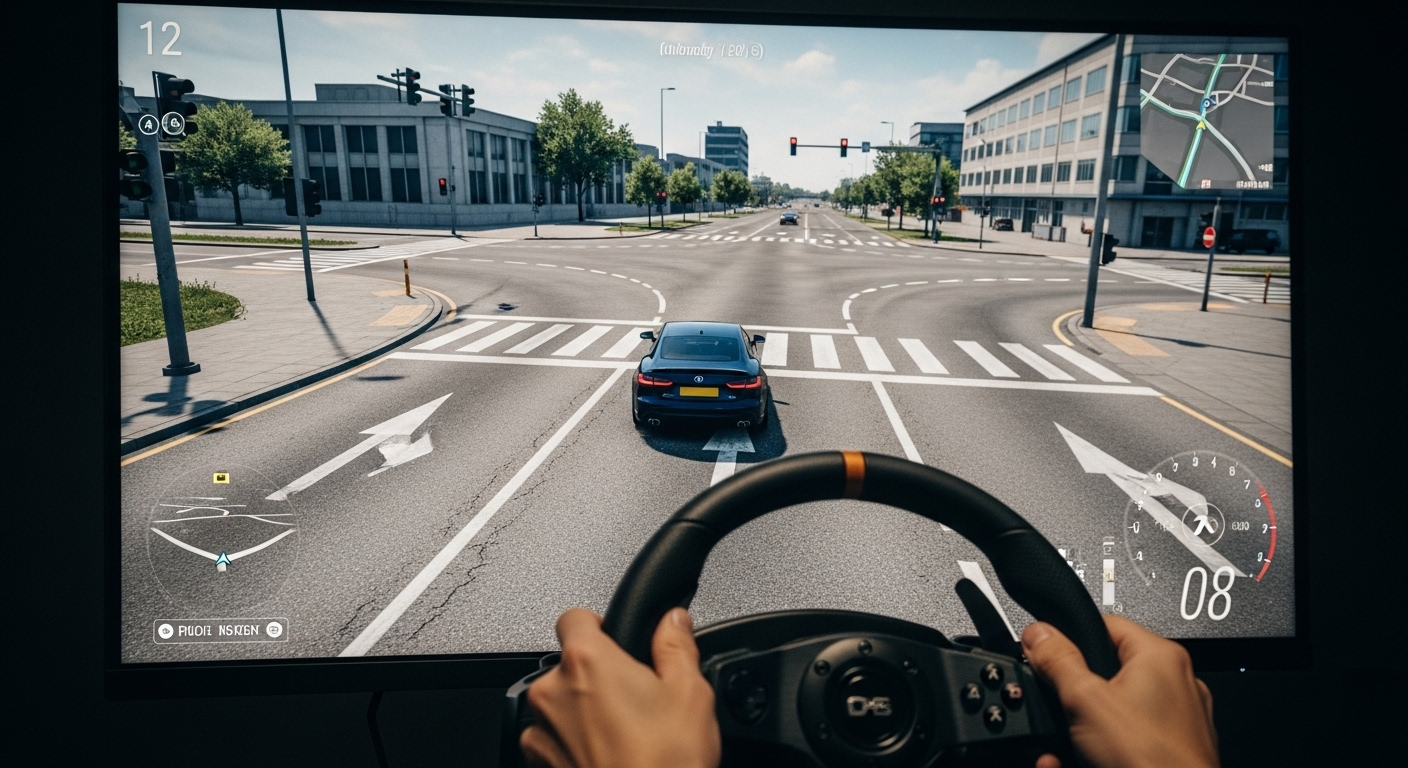 Màn hình hiển thị mô phỏng lái xe ô tô thực tế tại giao lộ, với người dùng đang thực hành trên vô lăng để đạt điểm đậu sát hạch lái xe ô tô.