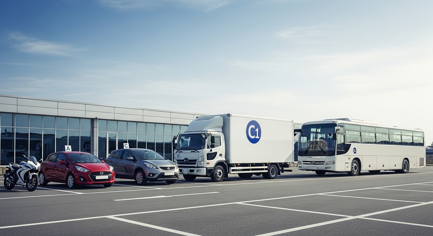 Bãi tập lái với các loại xe đa dạng (mô tô, ô tô, xe tải, xe buýt) sắp xếp gọn gàng, minh họa các hạng mục mới theo thay đổi hạng giấy phép lái xe 2025.