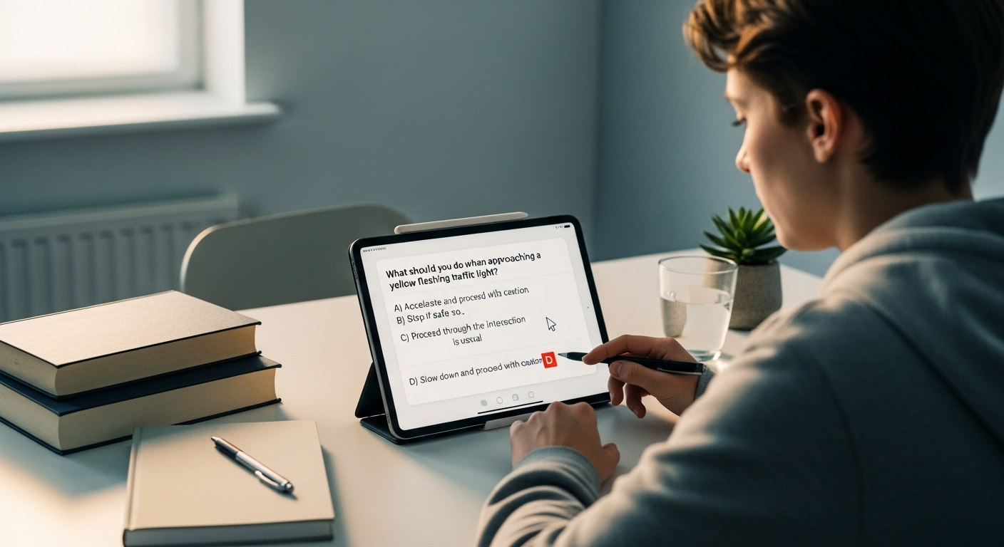 Phản ánh cảnh một người đang học trên tablet với nội dung liên quan đến thi bằng lái xe.