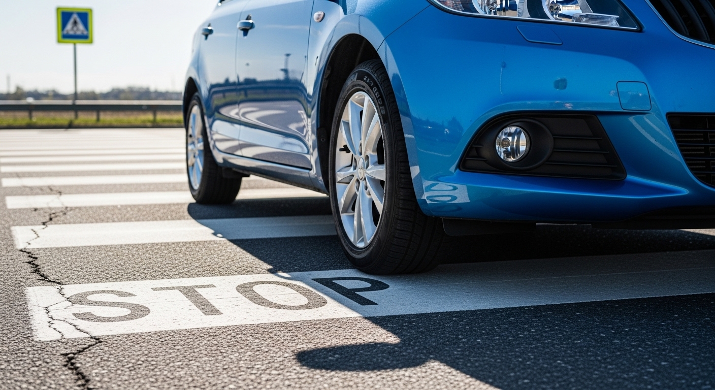 Xe ô tô màu xanh dừng chuẩn xác trước vạch người đi bộ, minh họa mẹo thi sát hạch sa hình lái xe ô tô về kỹ năng dừng đúng điểm.