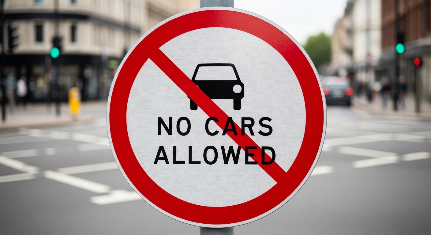 Biển báo giao thông đường bộ cấm ô tô (hình tròn, viền đỏ, biểu tượng xe gạch chéo) tại một giao lộ đông đúc, điển hình cho các loại biển báo giao thông đường bộ ở Việt Nam.