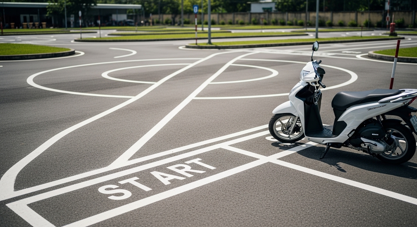 Sân sát hạch lái xe máy trống vắng, đường thi số 8 rõ nét dưới ánh sáng ban ngày. Chiếc xe tay ga 125cc Việt Nam đậu gọn gàng, sẵn sàng cho bài thi lấy các loại bằng lái xe ở Việt Nam. Sân sát hạch lái xe máy trống vắng, đường thi số 8 rõ nét dưới ánh sáng ban ngày. Chiếc xe tay ga 125cc Việt Nam đậu gọn gàng, sẵn sàng cho bài thi lấy các loại bằng lái xe ở Việt Nam.