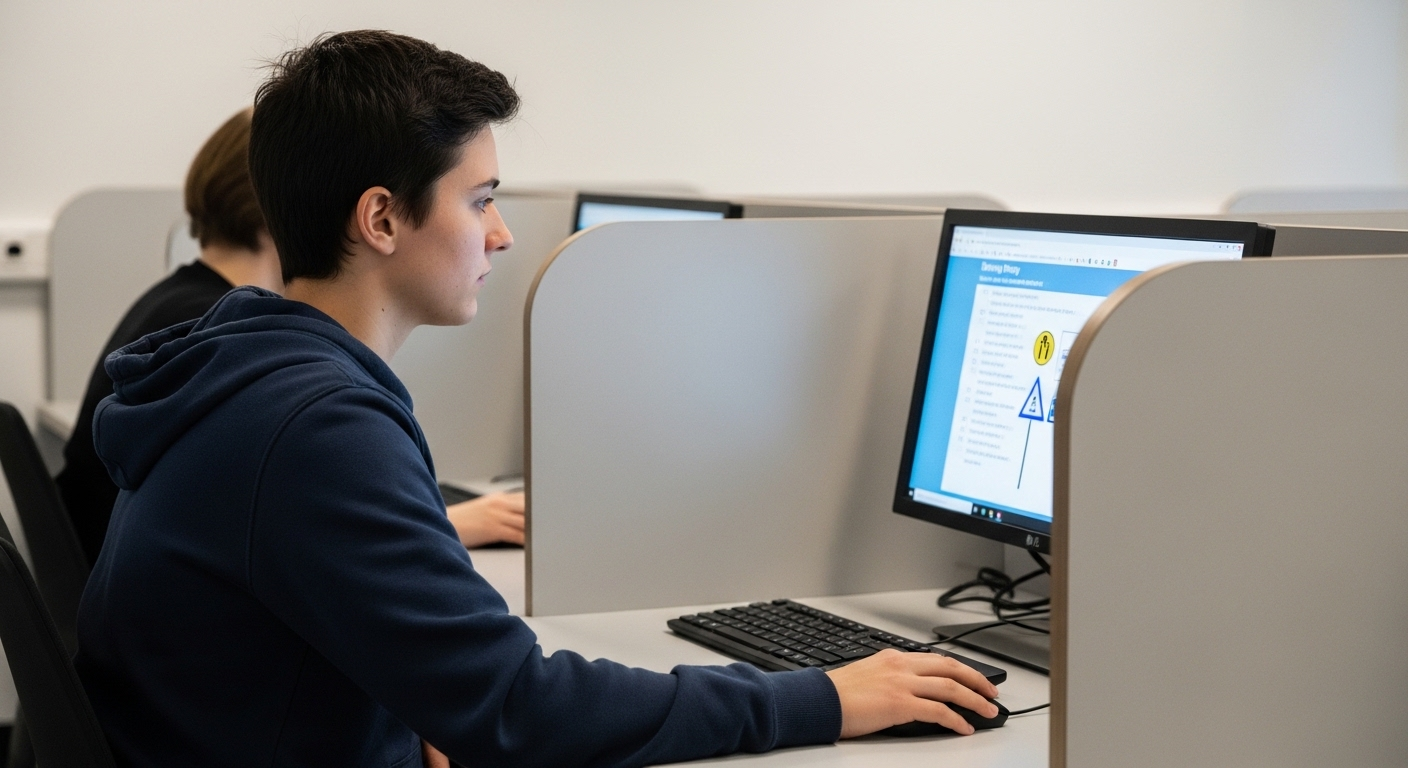 Một học viên bình tĩnh, tập trung xem xét một câu hỏi lý thuyết lái xe trên màn hình máy tính trong phòng thi hiện đại, có thể là một trong 100 câu điểm liệt lý thuyết lái xe ô tô.