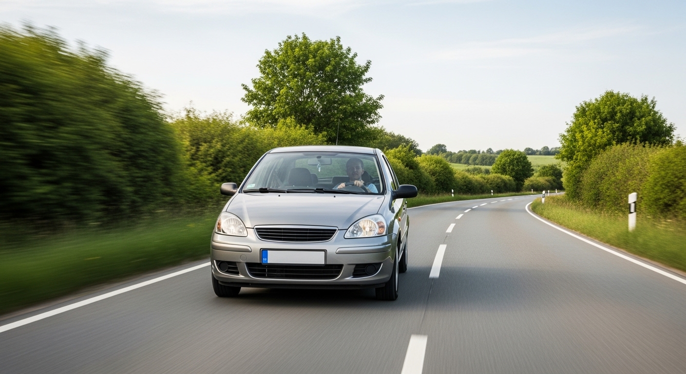 Một chiếc sedan gia đình nhỏ lái êm ái trên con đường quanh co qua vùng nông thôn xanh mát. Tìm hiểu sự khác nhau giữa bằng lái B1 và B2 để tự tin lái xe khám phá mọi cung đường.