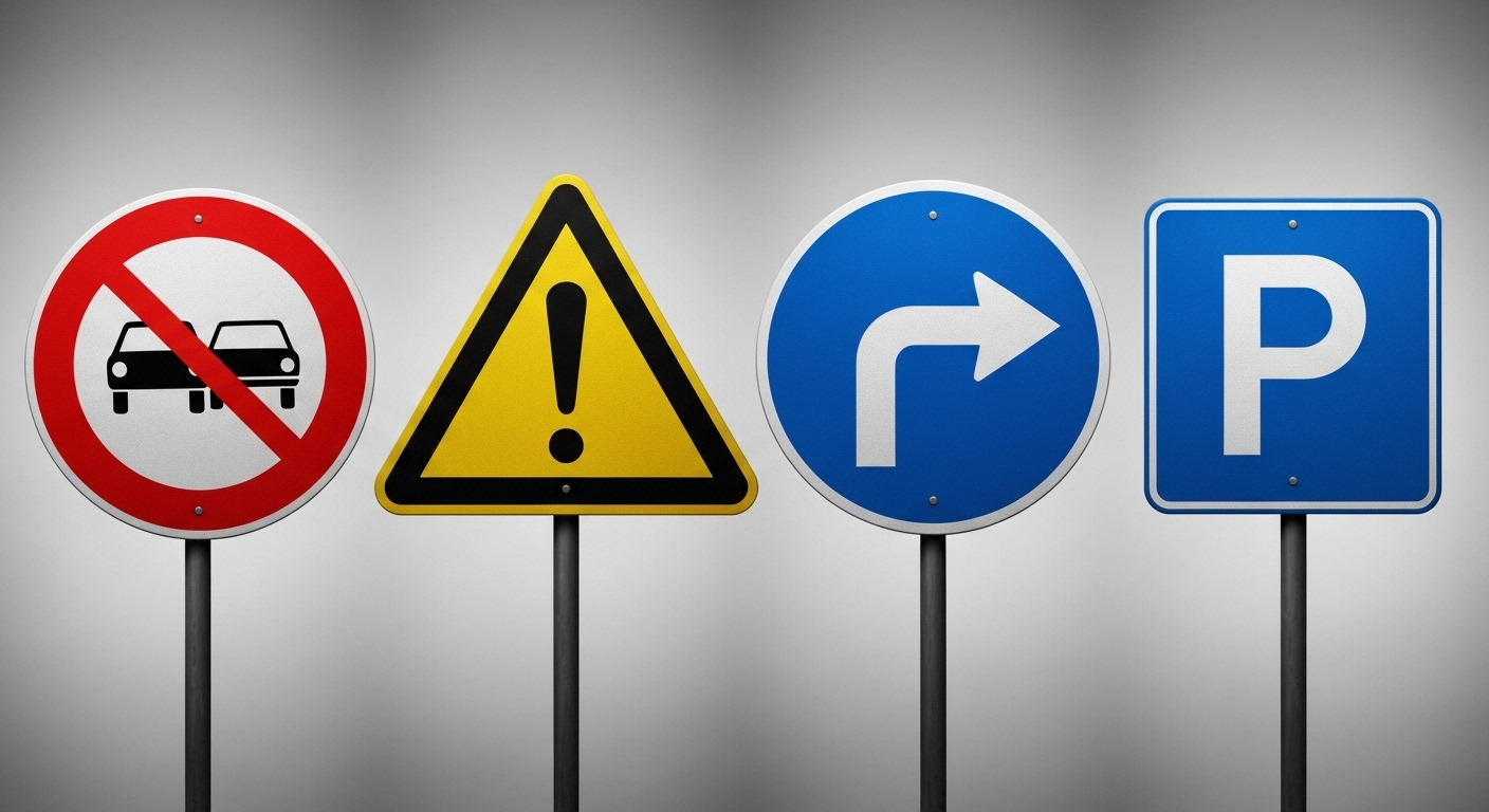 Hình ảnh rõ nét các biển báo giao thông đường bộ tiêu chuẩn (cấm, nguy hiểm, hiệu lệnh, chỉ dẫn) – tài liệu hữu ích cho mẹo học lý thuyết lái xe hiệu quả.