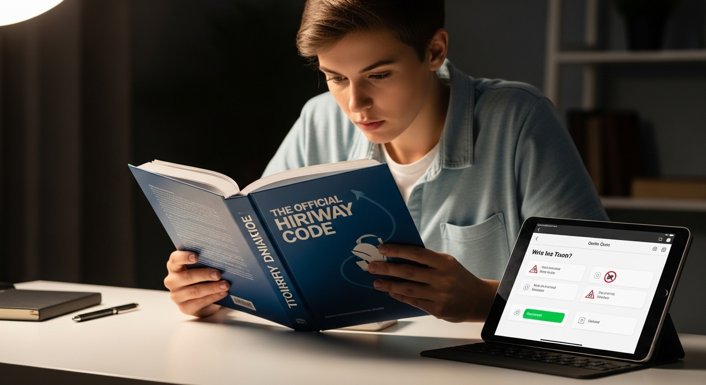 Một sinh viên trẻ tập trung đọc sách lý thuyết lái xe ô tô và làm bài kiểm tra trên máy tính bảng, minh họa quá trình học tập liên quan đến chi phí học lái xe ô tô B1 B2 C và lấy bằng lái.