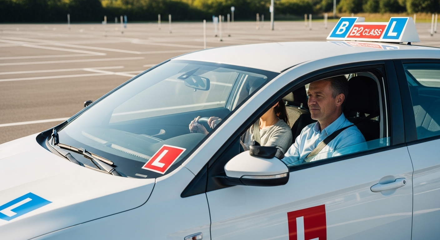 Học viên tập lái xe B2 trên xe trắng có chữ L cùng giáo viên tại sân tập, một buổi học điển hình của trường dạy lái xe ô tô B2 TpHCM.