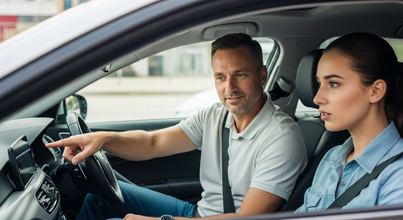 Giáo viên hướng dẫn chi tiết trên bảng điều khiển cho học viên trong buổi bổ túc tay lái đường trường riêng, trên xe sedan hiện đại.