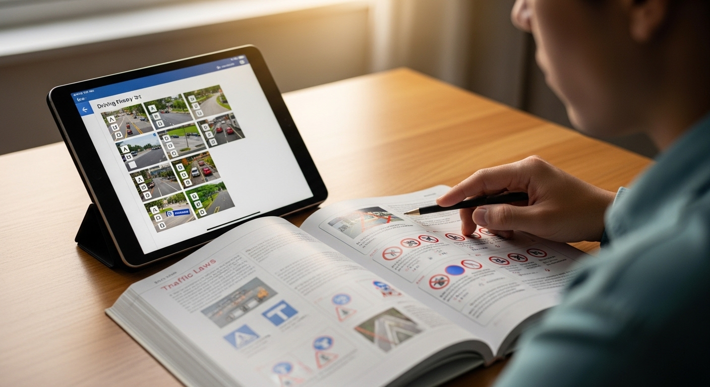 Một người tập trung ôn thi lý thuyết GPLX trên máy tính bảng, bên cạnh là sách luật giao thông mở. Ánh sáng ấm áp chiếu rọi giúp họ nắm vững các mẹo thi lý thuyết GPLX hiệu quả.