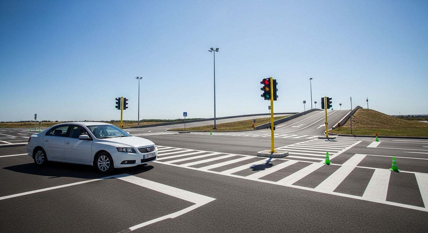 Xe sedan trắng trên sân thi bằng lái xe ô tô thực tế, có vạch kẻ rõ ràng, ngã tư đèn tín hiệu và dốc cầu. Nắm vững địa hình này là một trong những mẹo thi bằng lái xe ô tô quan trọng để vượt qua bài thi.