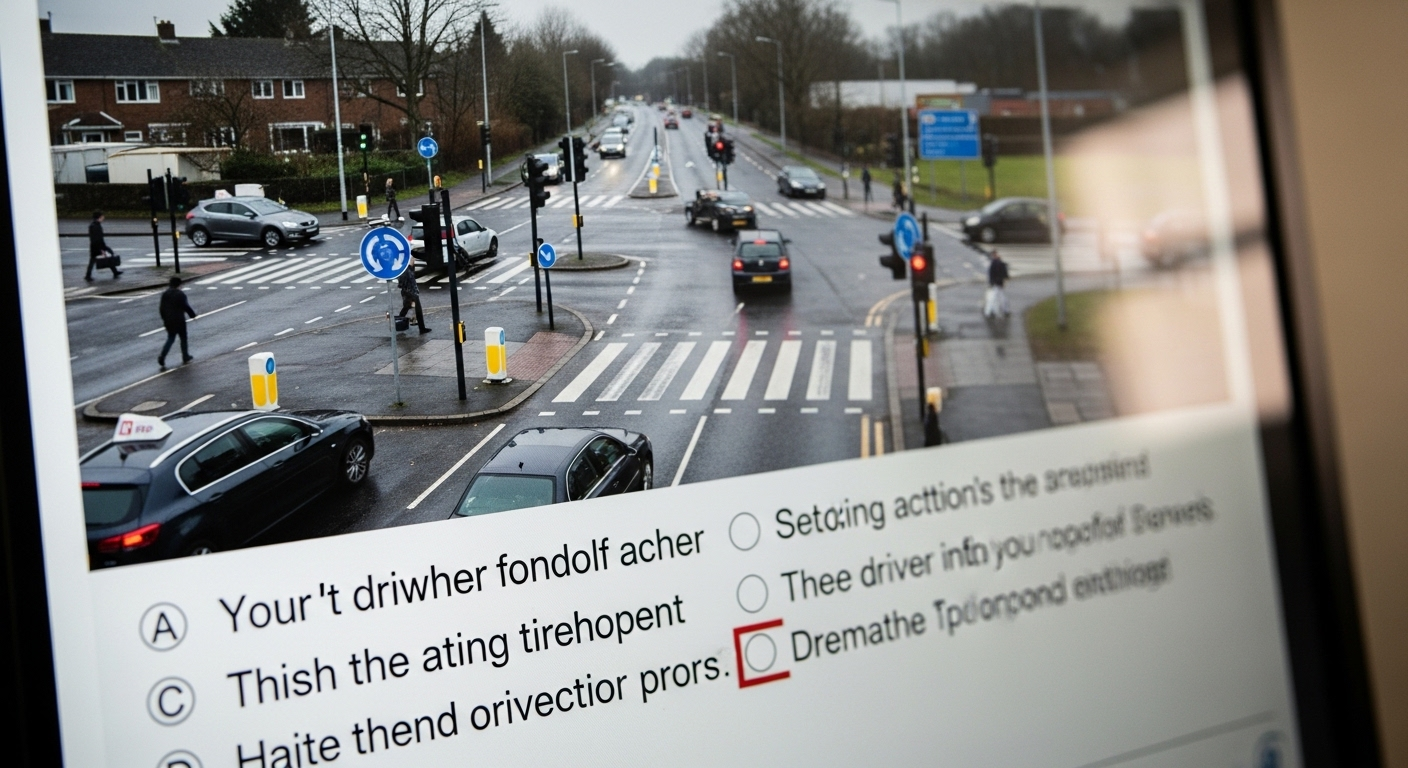 Màn hình kỹ thuật số hiển thị câu hỏi thi lý thuyết lái xe với tình huống giao thông phức tạp và nhiều lựa chọn, từ bộ đề thi bằng lái xe mới.