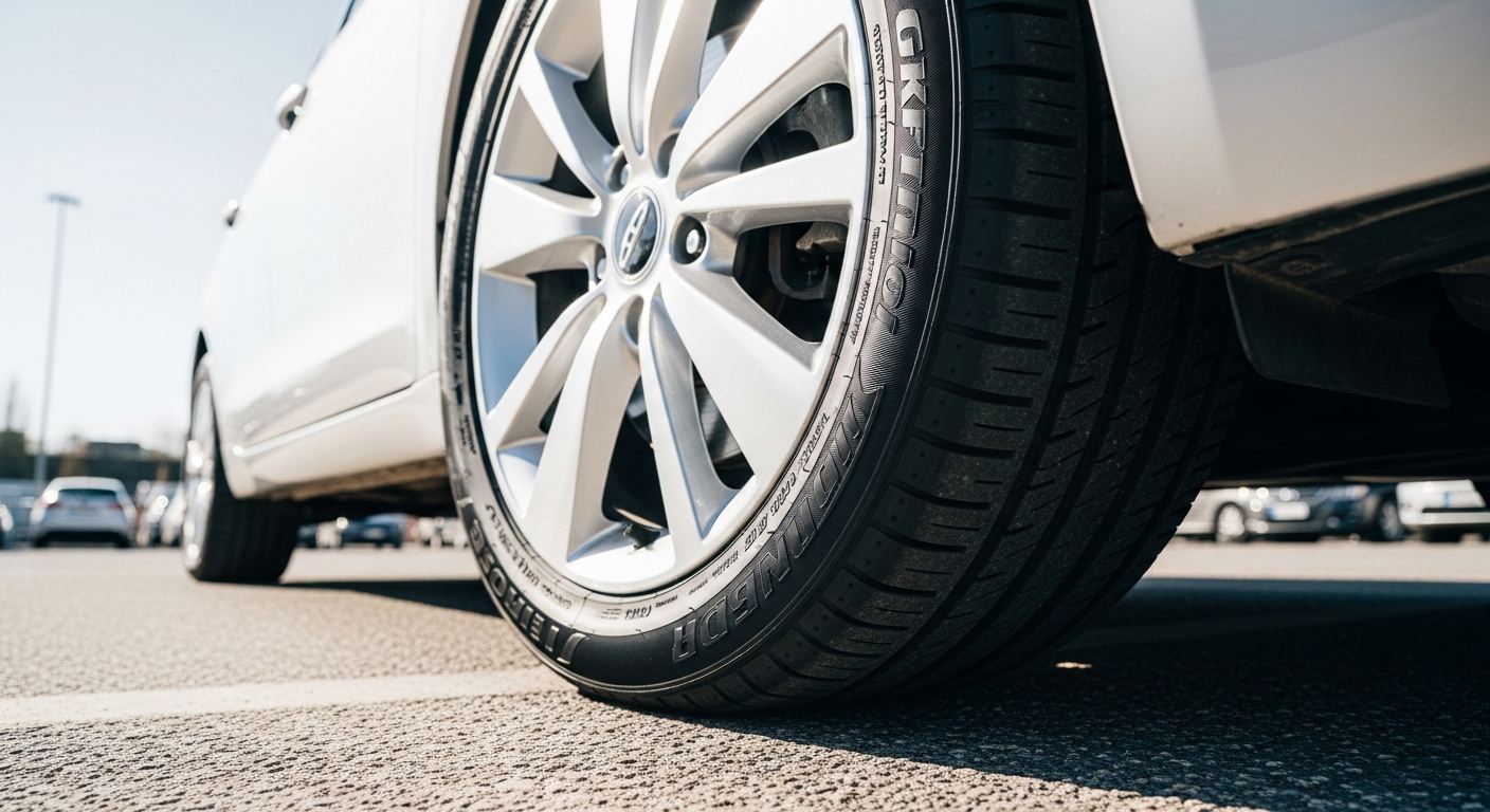 Cận cảnh lốp trước xe ô tô sạch, bơm đúng áp suất trên mặt đường nhựa. Kiểm tra lốp là kinh nghiệm lái xe an toàn cho người mới lái.