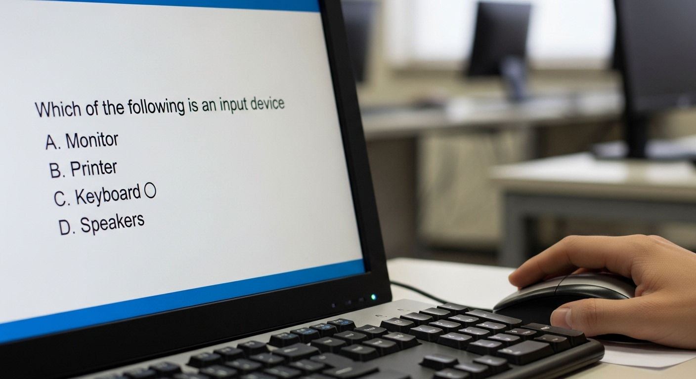 Cận cảnh màn hình máy tính hiển thị câu hỏi trắc nghiệm với tay đặt trên chuột, minh họa quá trình ôn luyện và áp dụng các mẹo học bằng lái xe máy hiệu quả.