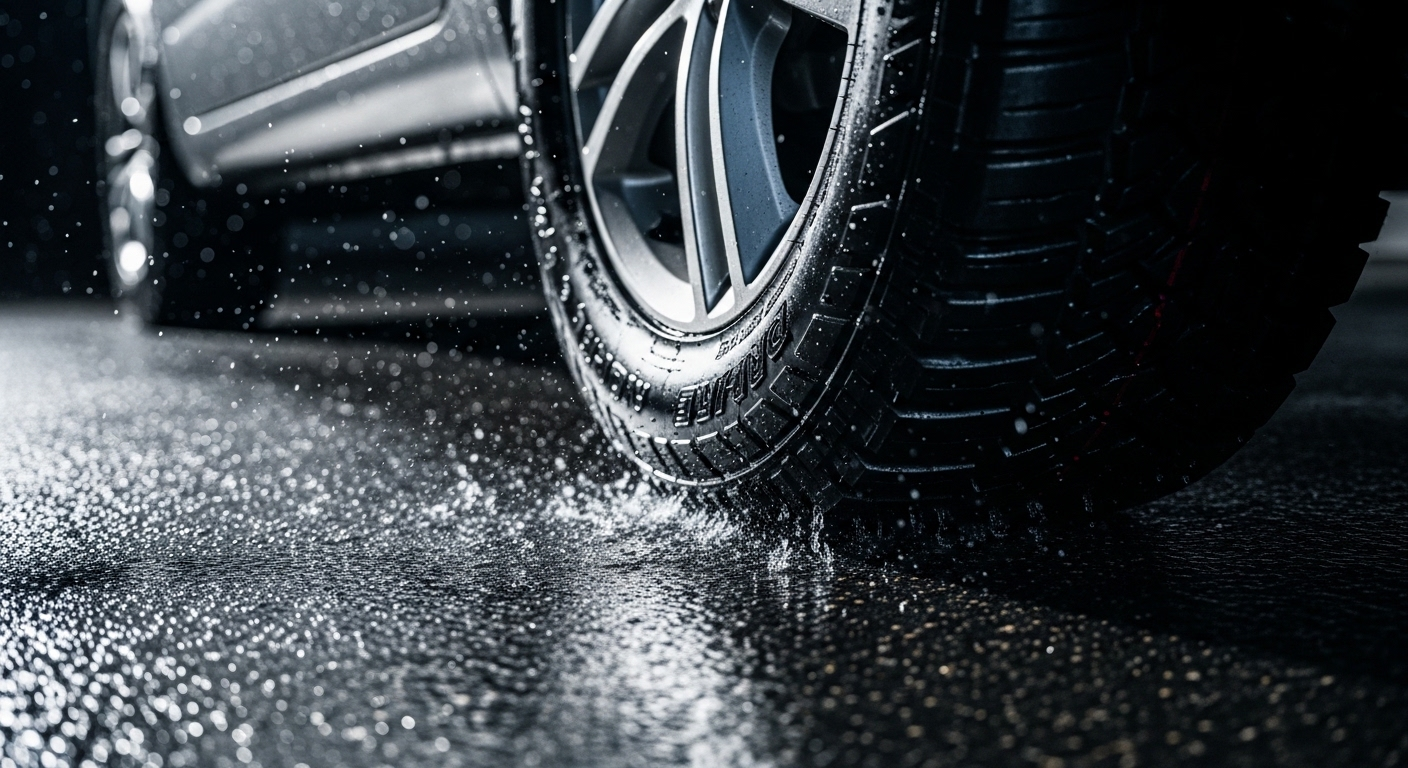 Lốp xe ô tô gai sâu thoát nước hiệu quả trên đường ướt, minh họa tầm quan trọng của lốp tốt cho kinh nghiệm lái xe trời mưa an toàn.