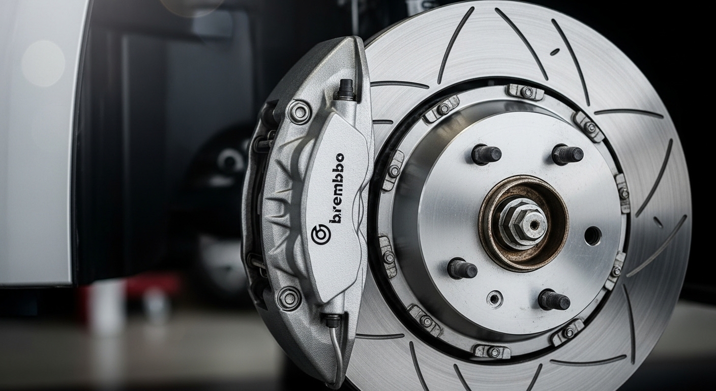 Cận cảnh chi tiết cụm phanh đĩa trước xe ô tô với kẹp phanh bạc, đĩa phanh kim loại bóng và má phanh. Nổi bật kỹ thuật phanh xe chính xác.