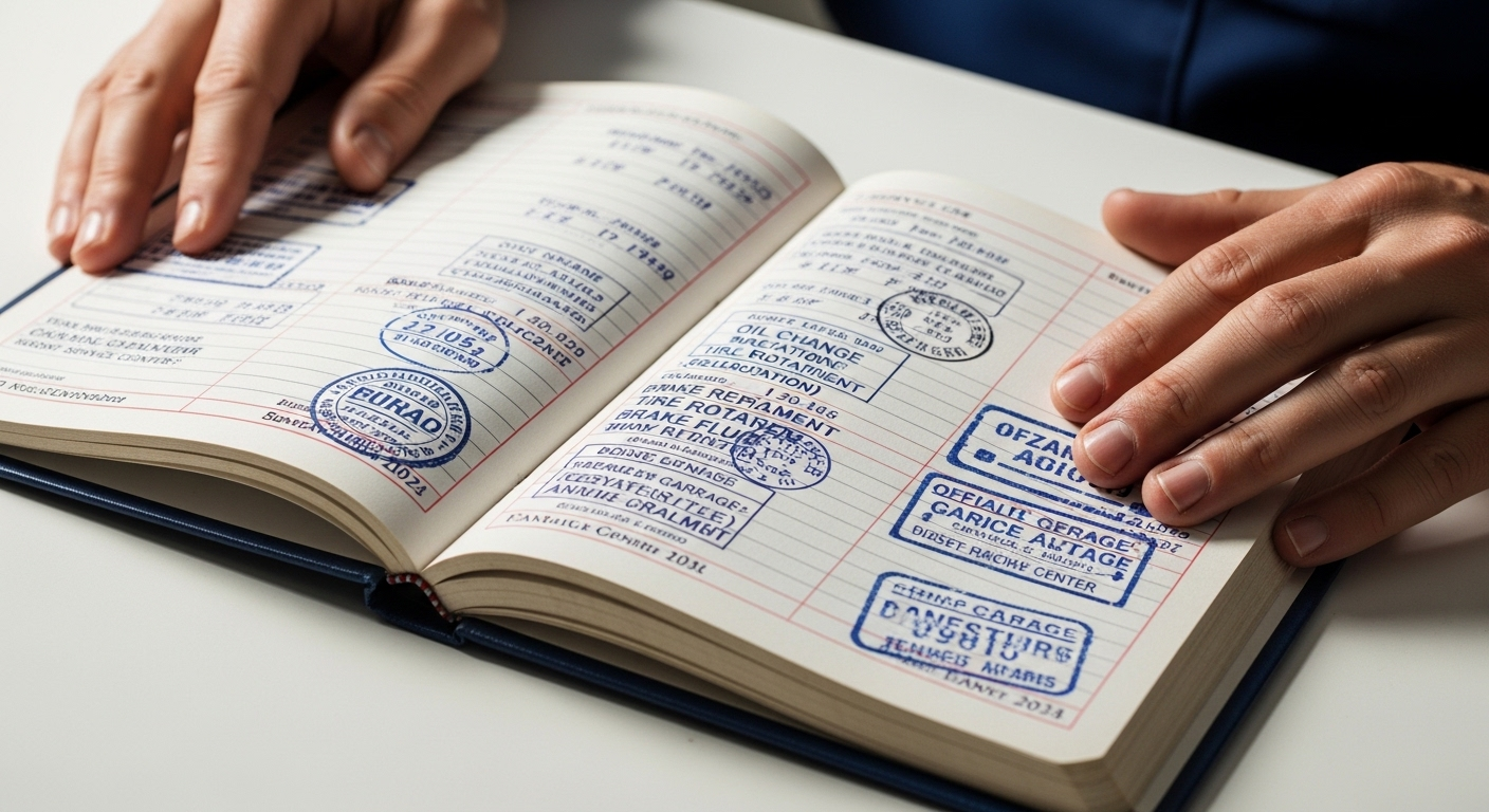 Tay người đang mở sổ bảo dưỡng xe ô tô với các ghi chép dịch vụ và dấu mộc chính thức, một mẹo tránh mua xe ô tô cũ bị tua công tơ mét.