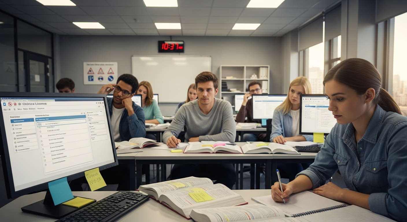 Người dùng sẽ hiểu được hình ảnh đang mô tả một buổi học chuẩn bị cho kỳ thi lấy bằng lái xe.