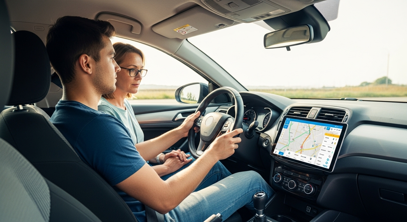 Nội thất xe tập lái hiện đại với học viên và giáo viên, tablet giám sát kỹ năng. Chương trình đào tạo lái xe ô tô chuyên nghiệp, thích ứng với thay đổi bằng lái xe ô tô 2022. Nội thất xe tập lái hiện đại với học viên và giáo viên, tablet giám sát kỹ năng. Chương trình đào tạo lái xe ô tô chuyên nghiệp, thích ứng với thay đổi bằng lái xe ô tô 2022.