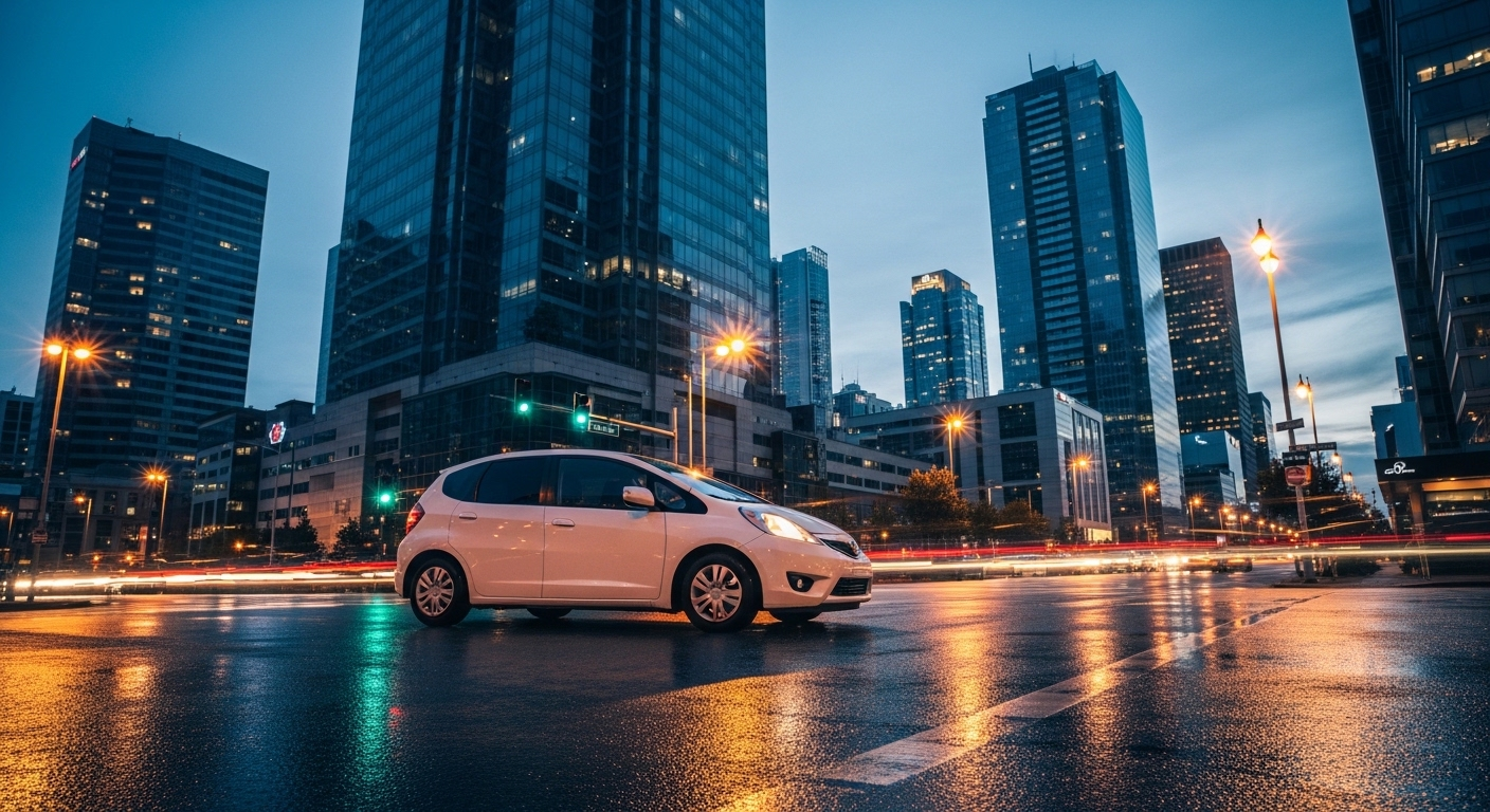 Xe ô tô con màu trắng tại giao lộ thành phố lúc hoàng hôn, với ánh sáng chạng vạng và các tòa nhà cao tầng mờ ảo. Loại xe phổ biến này thường được điều khiển bằng bằng lái xe B1 B2 C lái được xe gì.