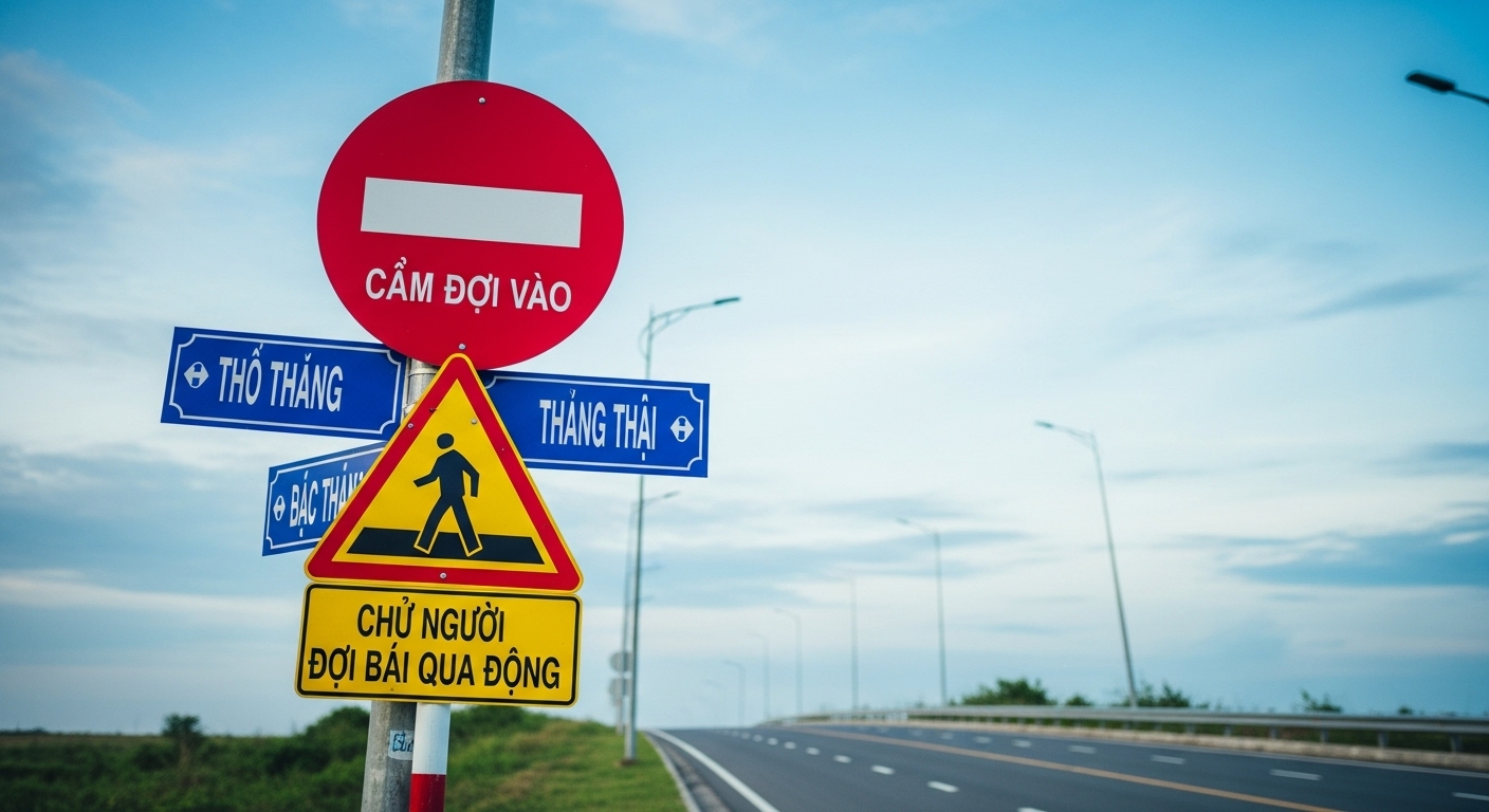 Ảnh chụp rõ nét các biển báo giao thông Việt Nam trên cột (biển cấm tròn đỏ, biển cảnh báo tam giác vàng) dưới trời xanh trong xanh, con đường trải dài. Hiểu rõ các biển báo này là mẹo thi lý thuyết bằng lái xe máy A1 giúp bạn đạt kết quả cao.