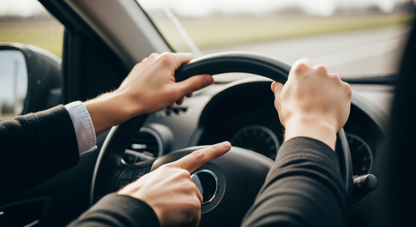 Cận cảnh học viên đặt tay trên vô lăng trong buổi học lái xe, giáo viên hướng dẫn chỉ bảng điều khiển. Đây là bước quan trọng sau khi đáp ứng quy định độ tuổi và sức khỏe học lái xe.