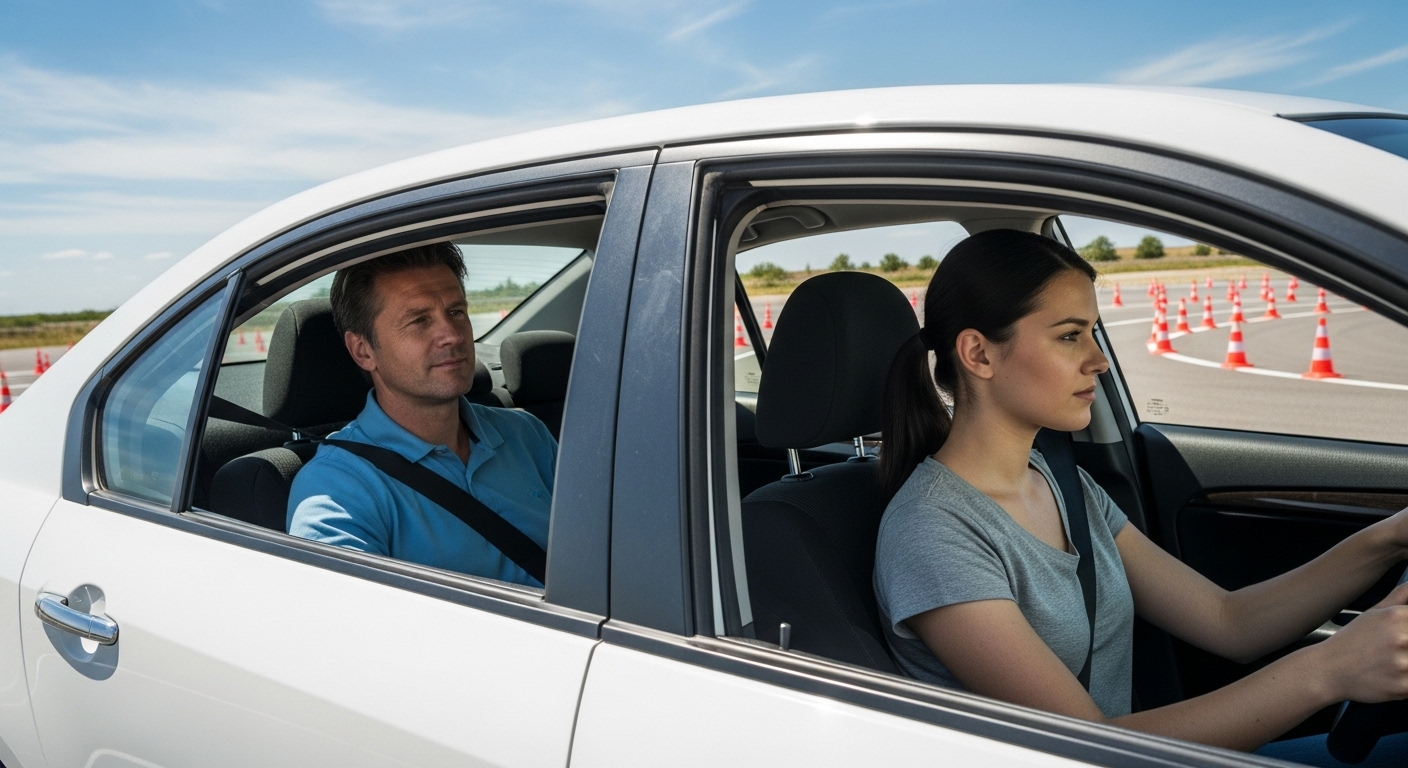 Học viên thực hành lái xe B2 trên sân tập với giáo viên hướng dẫn trên xe sedan trắng, một bước quan trọng để biết học bằng lái xe B2 bao nhiêu tiền.