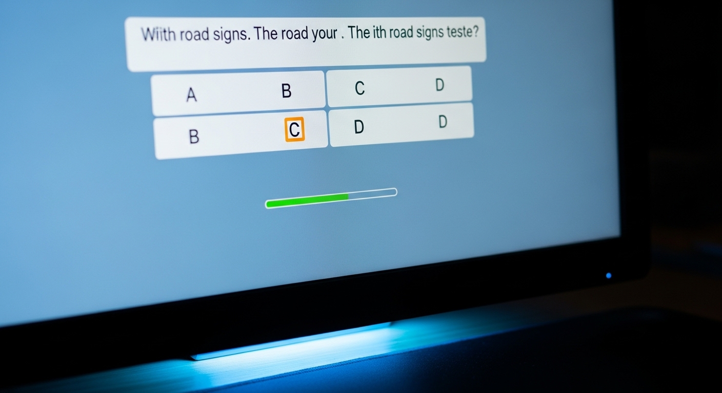 Màn hình máy tính hiển thị câu hỏi trắc nghiệm thi lý thuyết lái xe với thanh tiến độ, giúp người học dễ dàng ôn luyện để biết thi lý thuyết A1 A2 bao nhiêu câu đậu.