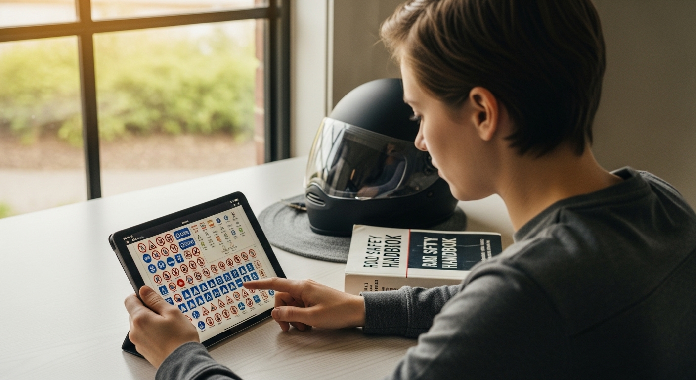 Người trẻ chăm chú ôn tập luật giao thông trên máy tính bảng, cạnh mũ bảo hiểm xe máy. Hình ảnh liên quan đến việc tìm hiểu bằng lái xe A1 A2 chạy được xe gì và các quy định thi bằng lái xe máy.