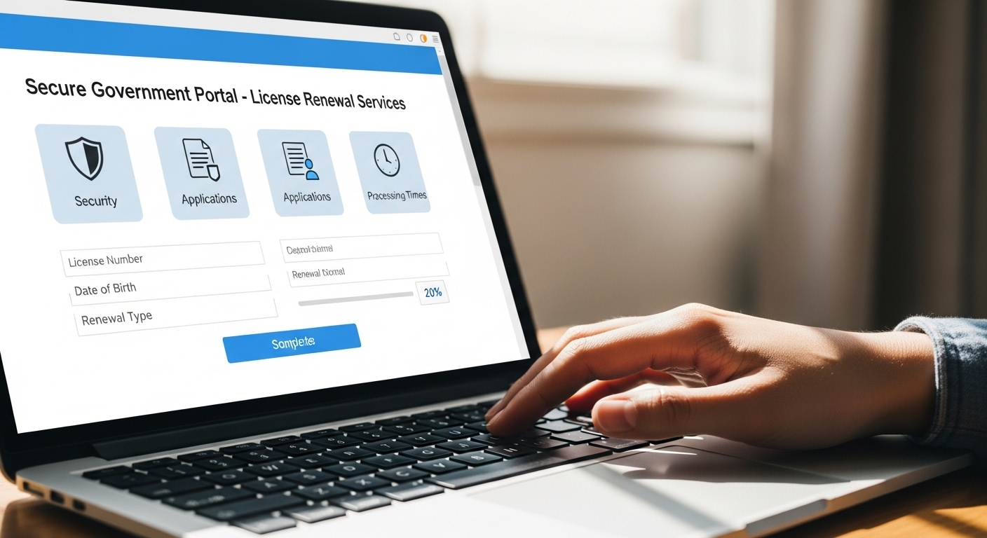 Bàn tay trên bàn phím laptop, màn hình hiển thị cổng dịch vụ công trực tuyến an toàn để thực hiện thủ tục gia hạn bằng lái xe, giúp người dùng dễ dàng quản lý thời hạn đổi bằng lái xe của mình.