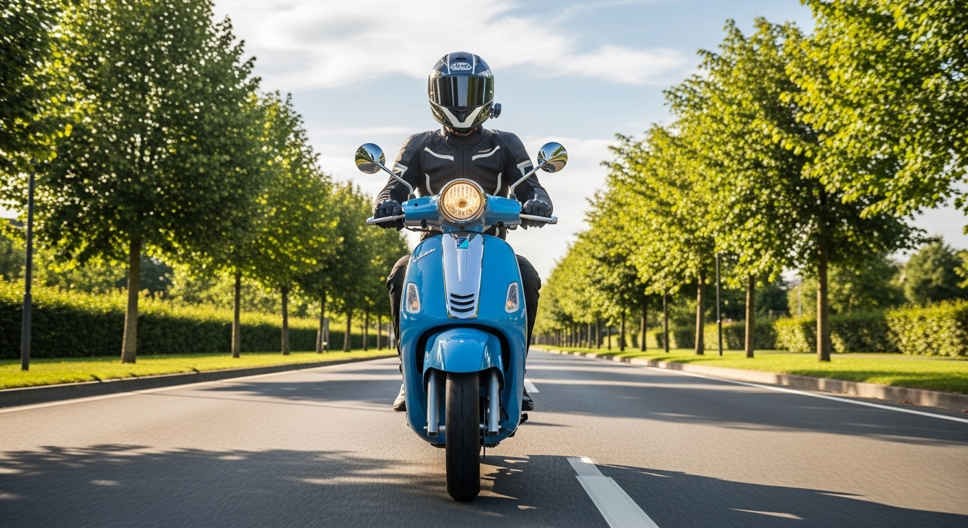 Người lái xe máy đội mũ bảo hiểm và trang bị đầy đủ, điều khiển xe an toàn trên đường ngoại ô. Đây là ví dụ thực tế cho các mẹo thi lý thuyết bằng lái xe máy A1 về kỹ năng lái an toàn.