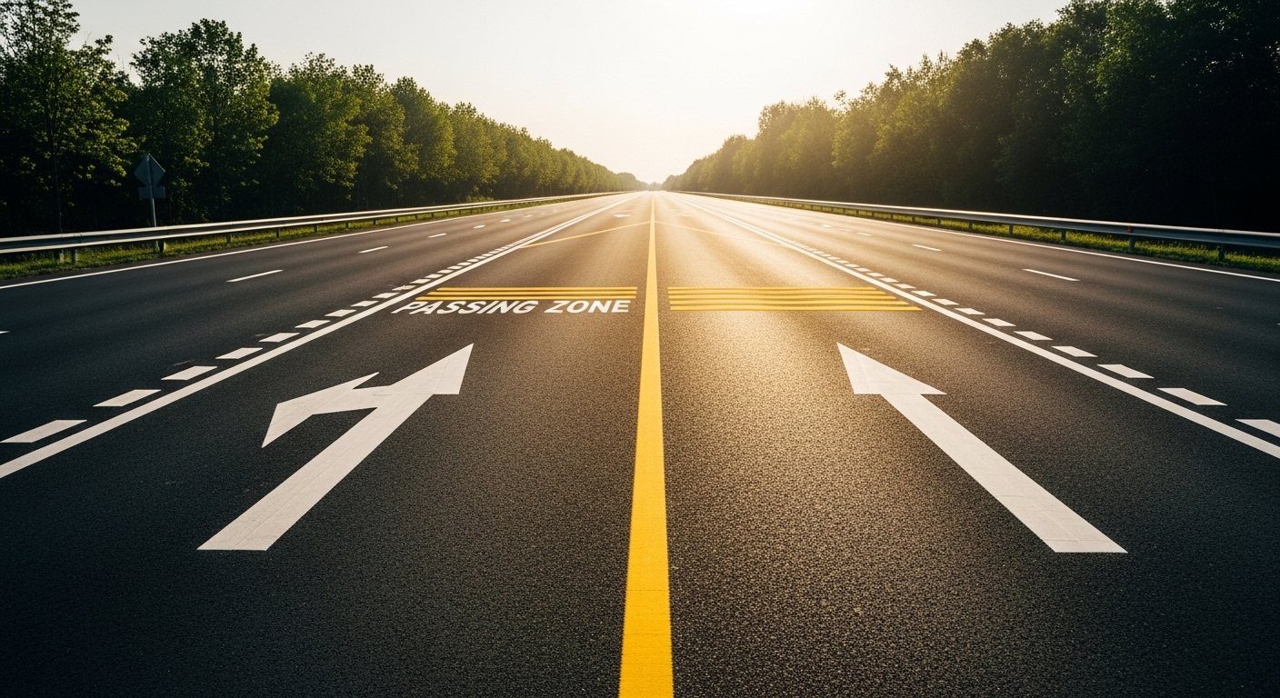 Đường nhựa mới với vạch kẻ đường trắng vàng rõ nét, vạch liền, vạch đứt và mũi tên chỉ hướng, minh họa kiến thức cần thiết cho bộ đề thi sát hạch lái xe ô tô 600 câu.