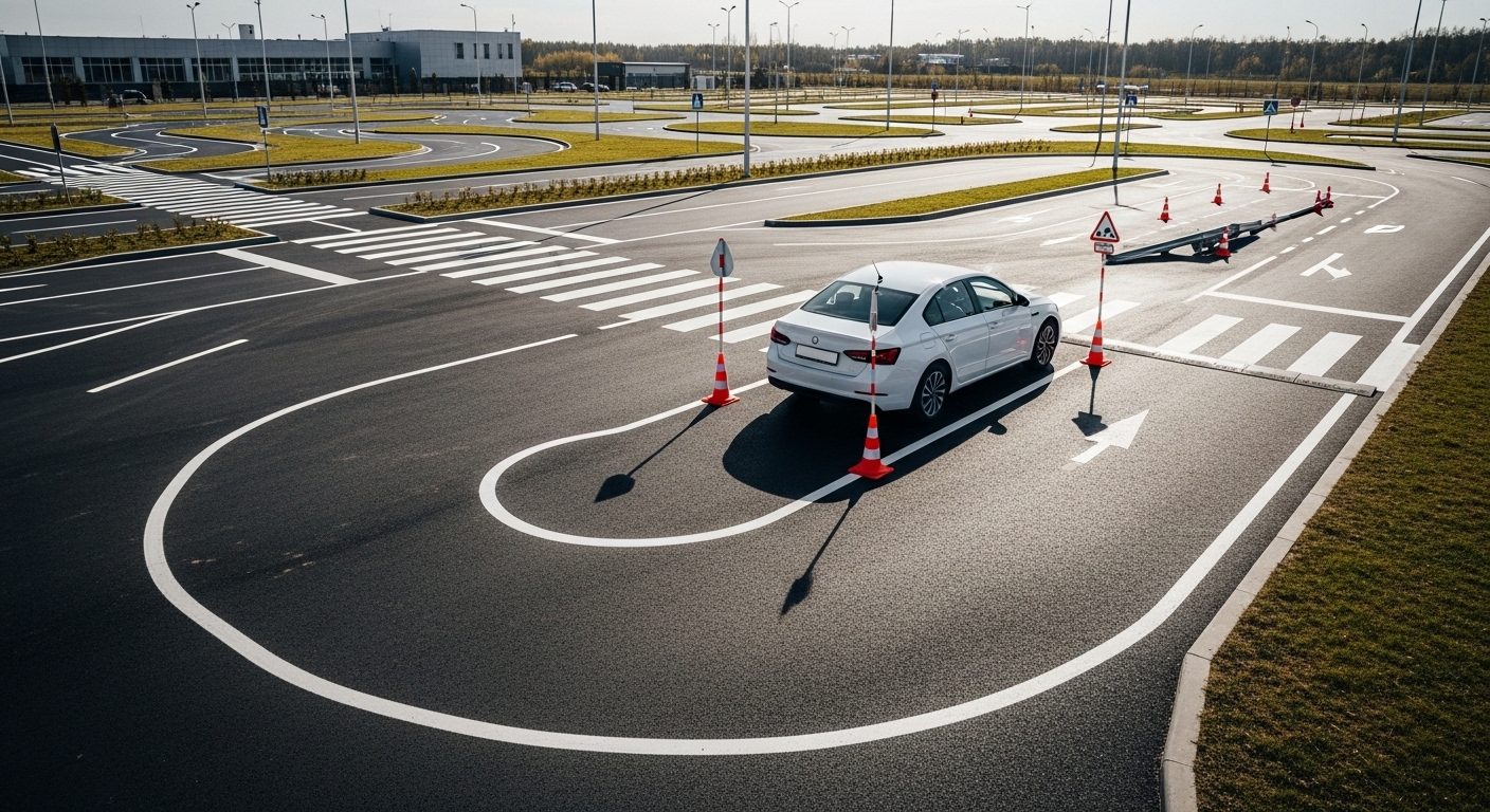 Sa hình sát hạch lái xe ô tô nhìn từ trên cao, xe sedan trắng đang ghép dọc. Đây là bài thi quan trọng quyết định điểm đậu sát hạch lái xe ô tô.