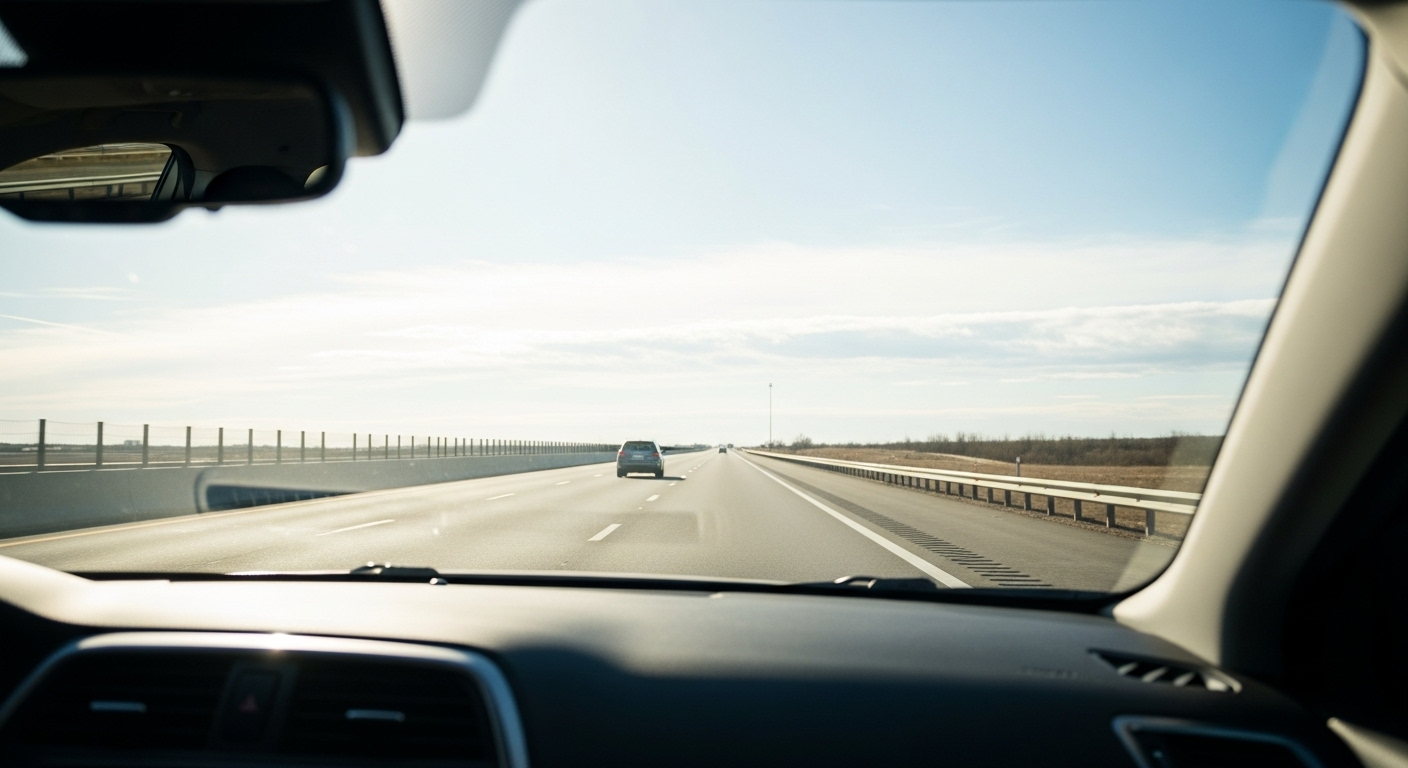 Góc nhìn từ ghế lái trên đường cao tốc thông thoáng, giữ khoảng cách an toàn với xe phía trước.
