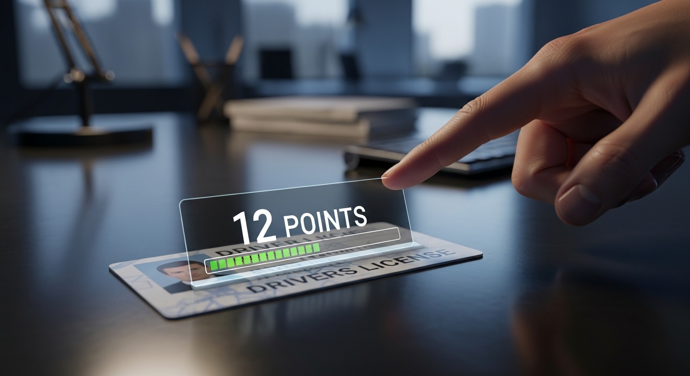 Ảnh cận cảnh giấy phép lái xe có hiển thị hệ thống điểm số 12 và bàn tay chỉ, minh họa cho các quy định mới hoặc thay đổi hạng giấy phép lái xe 2025.
