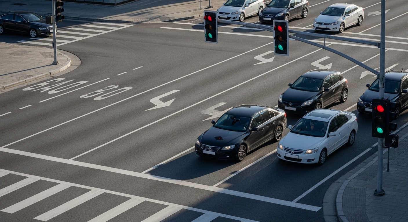 Giao lộ đô thị trật tự với xe chờ đèn đỏ, vạch kẻ rõ ràng, minh họa luật giao thông cần thiết cho mẹo thi lý thuyết bằng lái xe 2025. Giao lộ đô thị trật tự với xe chờ đèn đỏ, vạch kẻ rõ ràng, minh họa luật giao thông cần thiết cho mẹo thi lý thuyết bằng lái xe 2025.