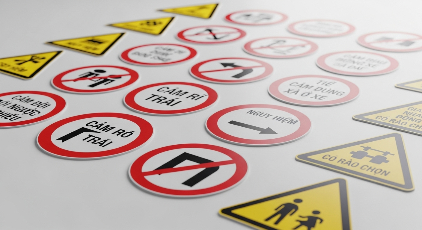 Các biển báo giao thông Việt Nam (biển cấm tròn viền đỏ, biển báo nguy hiểm tam giác nền vàng) được sắp xếp gọn gàng, là kiến thức quan trọng cho mẹo thi bằng lái xe A1.