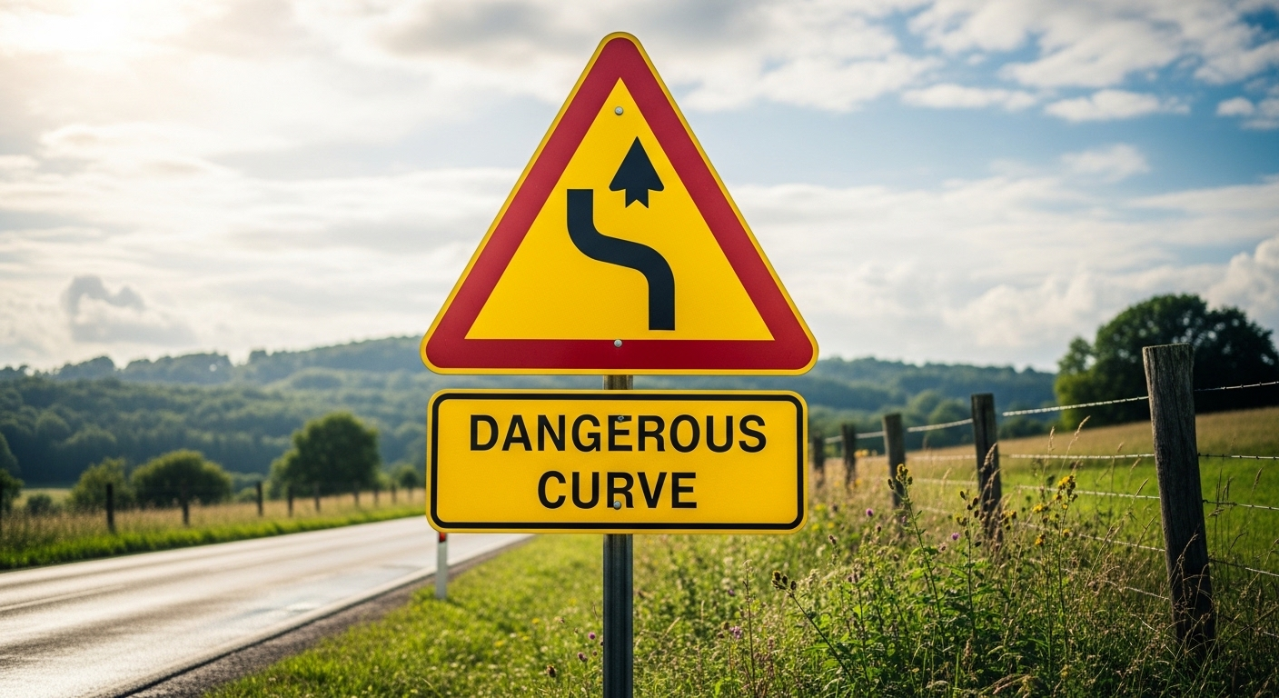 Biển báo giao thông đường bộ ở Việt Nam hình tam giác vàng viền đỏ, biểu tượng đường cong nguy hiểm, nổi bật bên lề đường nông thôn.