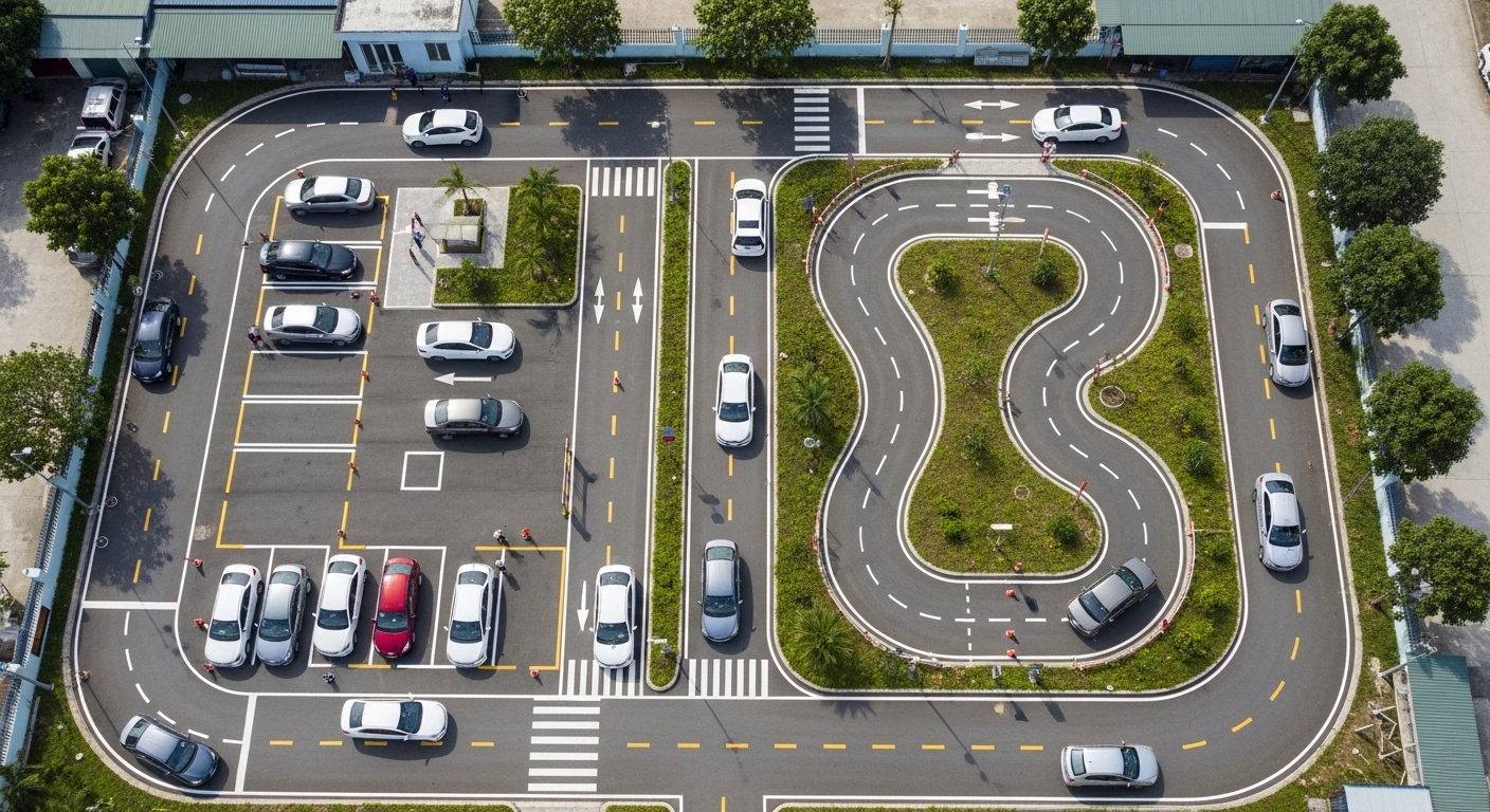 Sân sa hình tập lái xe ô tô tại Việt Nam từ góc nhìn trên cao, với các bài thực hành như đỗ xe song song, đường hẹp và xe tập lái, phục vụ quá trình thi lấy các loại bằng lái xe ở Việt Nam. Sân sa hình tập lái xe ô tô tại Việt Nam từ góc nhìn trên cao, với các bài thực hành như đỗ xe song song, đường hẹp và xe tập lái, phục vụ quá trình thi lấy các loại bằng lái xe ở Việt Nam.