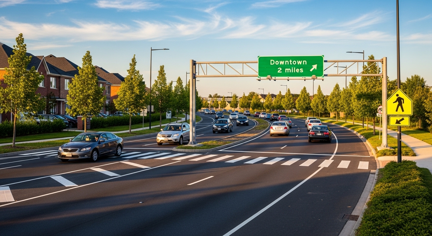 Đường ngoại ô 4 làn xe thông thoáng, an toàn với biển báo rõ ràng, nhấn mạnh sự cần thiết của việc học kỹ 100 câu điểm liệt lý thuyết lái xe ô tô để lái xe đúng luật và hiệu quả.