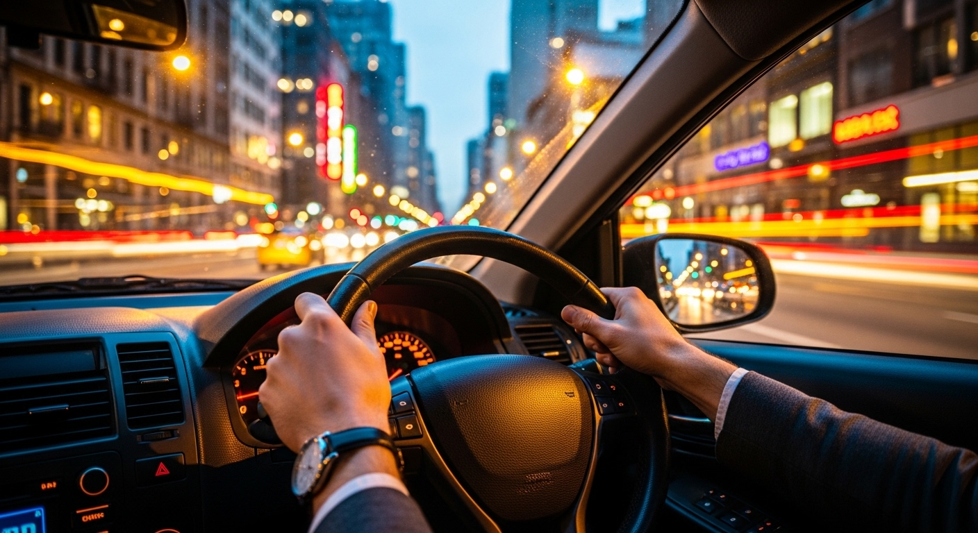 Tài xế chuyên nghiệp điều khiển xe dịch vụ trong thành phố vào buổi tối, tay vững vàng trên vô lăng. Để lái xe kinh doanh vận tải hiệu quả, việc hiểu rõ sự khác nhau giữa bằng lái B1 và B2 là rất quan trọng.