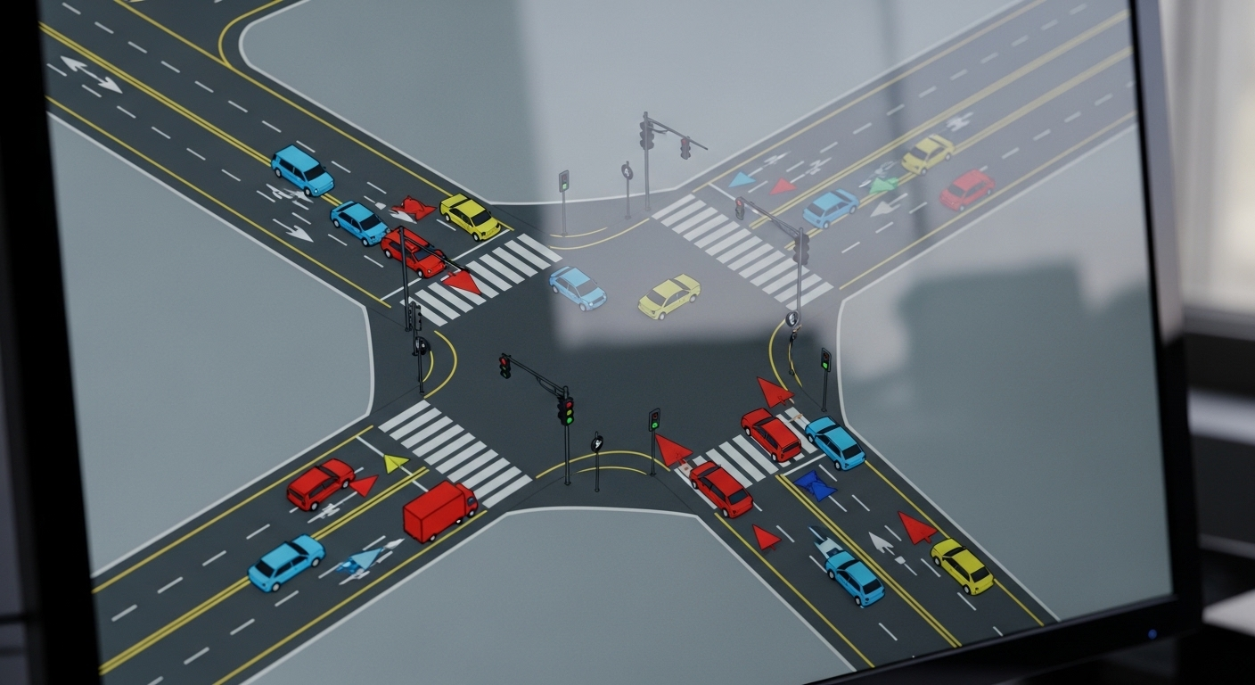 Màn hình máy tính hiển thị mô phỏng giao thông, minh họa quy tắc ưu tiên, một mẹo học lý thuyết lái xe hiệu quả để dễ dàng nắm vững luật.