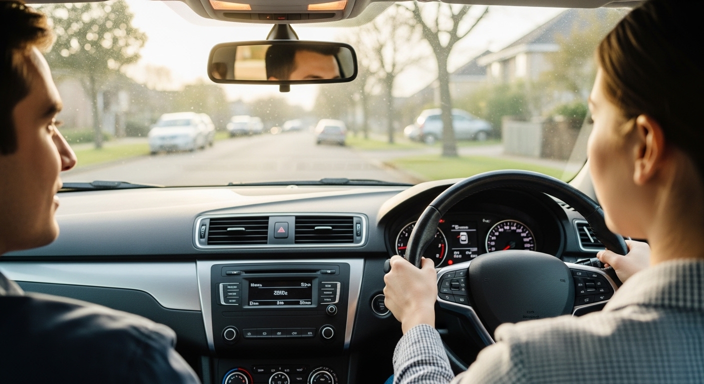 Giáo viên tận tình hướng dẫn học viên lái xe ô tô trong khoang lái, tay trên vô lăng. Tìm hiểu chi phí học lái xe ô tô B1 B2 C.