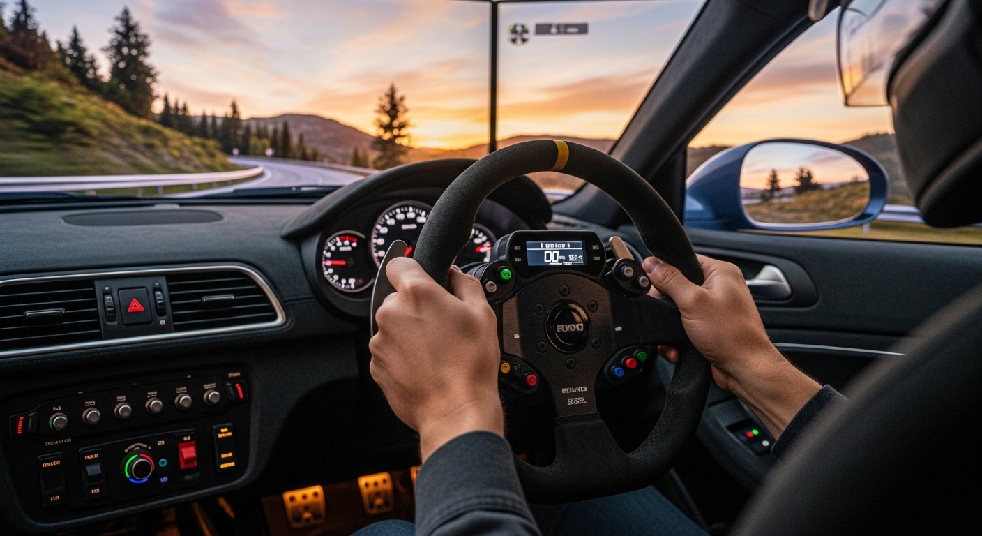 Học viên trường dạy lái xe ô tô B2 TpHCM thực hành trên máy tập lái ô tô chuyên nghiệp, với màn hình hiển thị đường ảo chân thực.