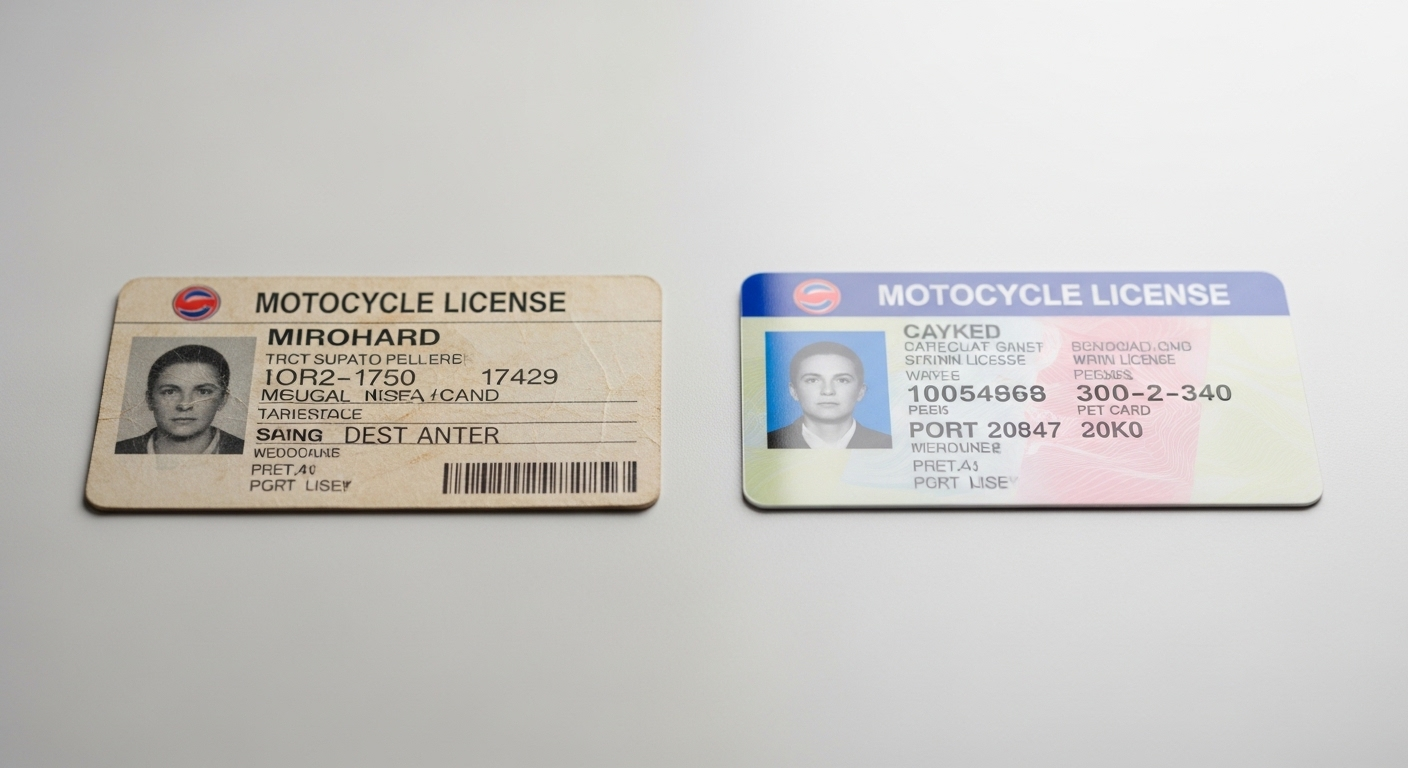 Hình ảnh so sánh bằng lái xe máy cũ bằng giấy bên cạnh thẻ PET mới, nhấn mạnh quy định bắt buộc đổi bằng lái xe máy. Hình ảnh so sánh bằng lái xe máy cũ bằng giấy bên cạnh thẻ PET mới, nhấn mạnh quy định bắt buộc đổi bằng lái xe máy.