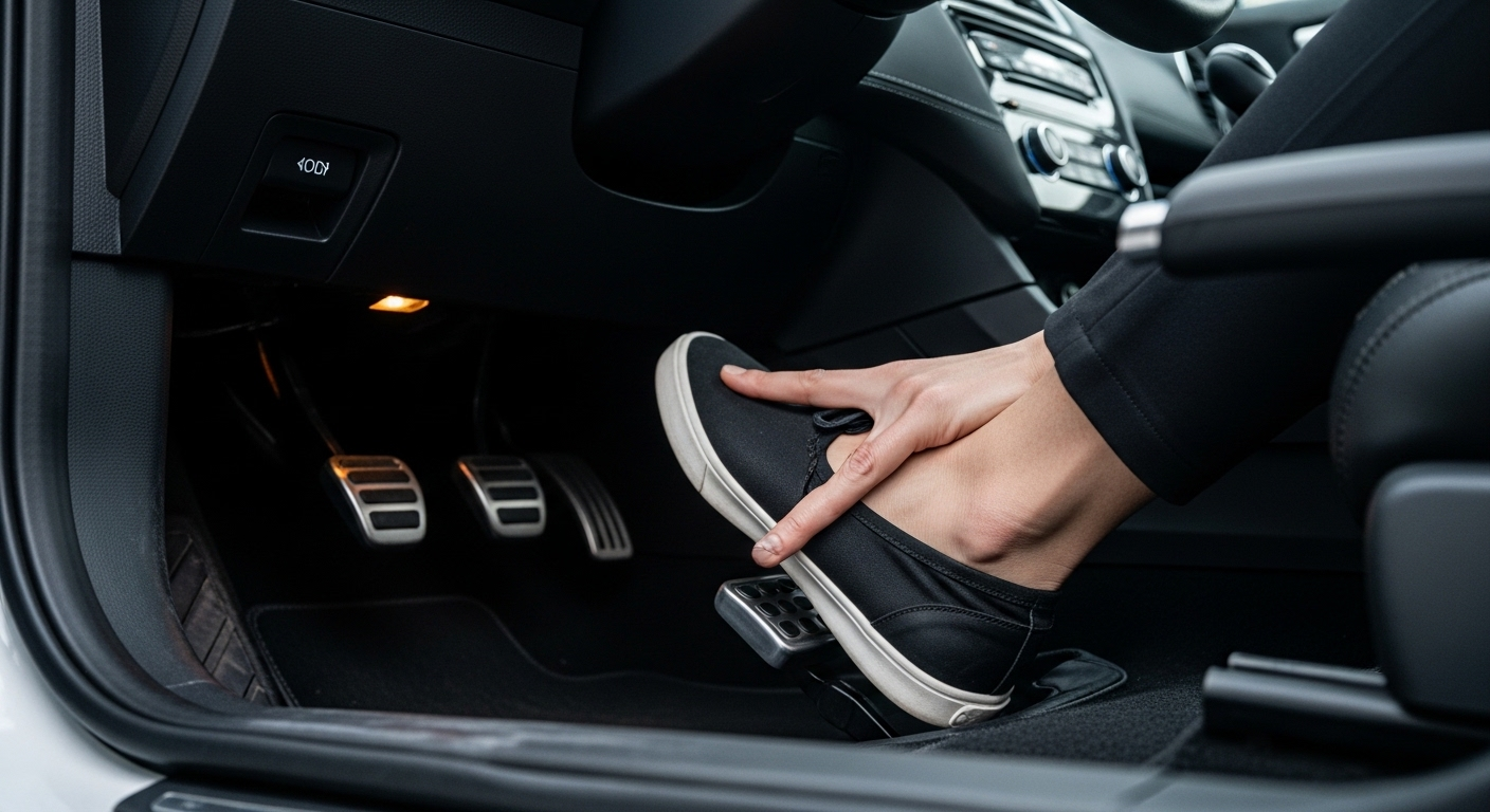 Cận cảnh đôi chân mang giày đế bệt điều khiển bàn đạp phanh và ga trong xe, thực hành bổ túc tay lái sa hình. Cận cảnh đôi chân mang giày đế bệt điều khiển bàn đạp phanh và ga trong xe, thực hành bổ túc tay lái sa hình.