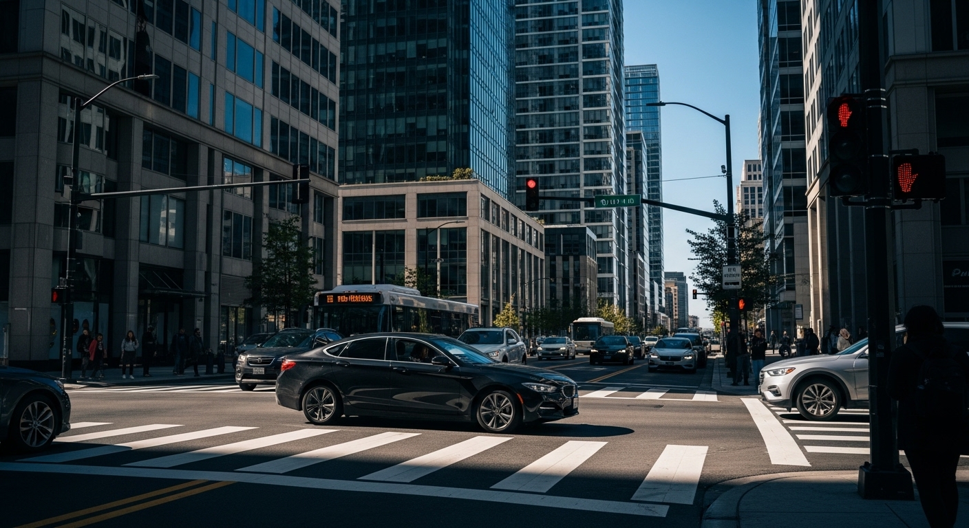 Một chiếc ô tô lái an toàn trên đường phố đông đúc ban ngày, thực hành bổ túc tay lái đường trường hiệu quả.