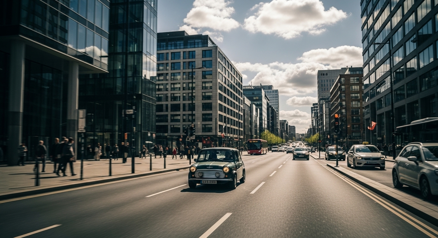 Xe số sàn nhỏ gọn lái trên đường phố thành phố ban ngày, giao thông vừa phải. Cảnh quan lý tưởng để bổ túc tay lái xe số sàn. Xe số sàn nhỏ gọn lái trên đường phố thành phố ban ngày, giao thông vừa phải. Cảnh quan lý tưởng để bổ túc tay lái xe số sàn.