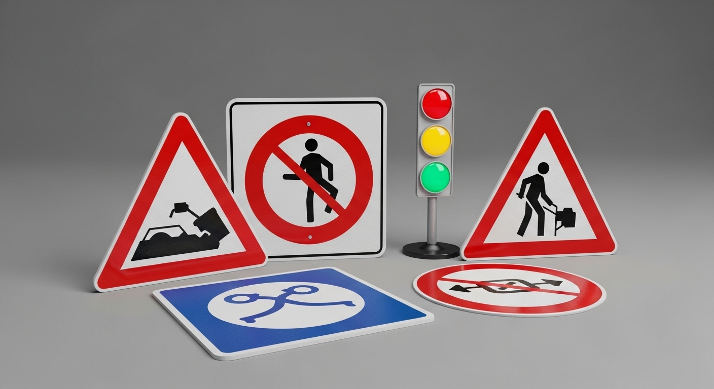 Bốn biển báo giao thông rõ nét (cảnh báo tam giác vàng, cấm tròn đỏ, hiệu lệnh tròn xanh, chỉ dẫn vuông xanh), là phần không thể thiếu trong mẹo học lý thuyết C1.